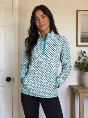Talbots Aqua and White Patterned Quarter-Zip Pullover